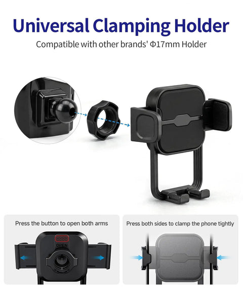 Hella Secure Custom Fit Car Phone Mount For Honda HRV 2016 To 2022 showing universal clamping holder and installation steps.