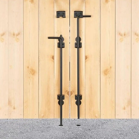 12 Inch Gate Drop Rod, Black Powder Coated Steel for Fences mounted on wooden gates in a vertical position.
