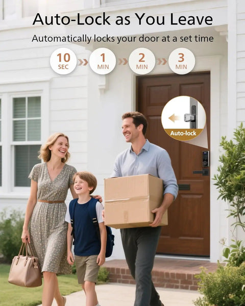 Fingerprint Smart Lock With Keyless Entry For Front Door Auto Locking Deadbolt PIN Pad And App Control Long Battery Life Up To Nine Months No Hassle Install Secure Home Convenience installed on wooden door.