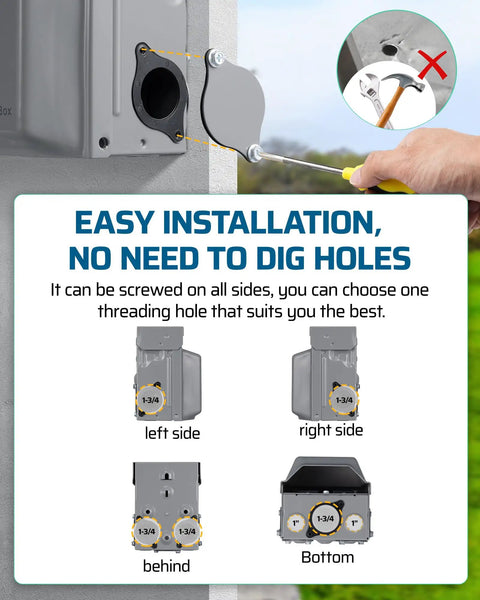 Weatherproof Outdoor Outlet Box With Dual 20 Amp GFCI Outlets For Yard And Patio, All Metal Weather-Weather-Resistant Housing With Cover, ETL Certified For Safe Exterior Power Use installation holes on left, right and bottom
