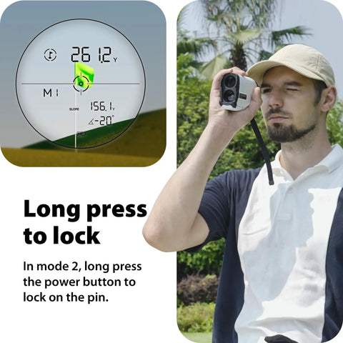 Bang For Your Buck Budget Friendly Golf And Hunting Rangefinder With Seven X Magnification in use with long press feature visible