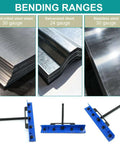 Bending ranges for 15.25 inch sheet metal hemming and bending tool for roofing panels and HVAC duct fabrication with rulers.