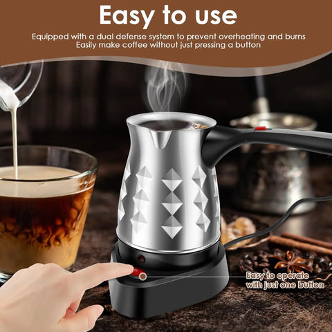Electric Turkish Coffee Maker With Folding Handle 500Ml Stainless Steel Pot 5 To 6 Cup Capacity For Home And Travel Portable Brew Machine For Rich Aromatic Coffee. Finger pressing button to operate.