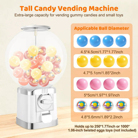 White Coin Operated Vending Cabinet And Premium Candy Dispenser For Home Arcade Or Retail Counter Big Time Five Hundred Ball Storage with colorful capsules.