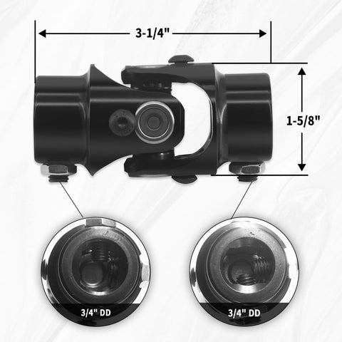 3/4 Inch Double D Steering Universal Joint Black Steel Shaft 83mm Length Single U Joint Direct Replacement Under The Steering Wheel 35 Degree Maximum Angle 4000 RPM Fits 3/4 Inch DD On Both Ends, diagram showing dimensions and DD ends