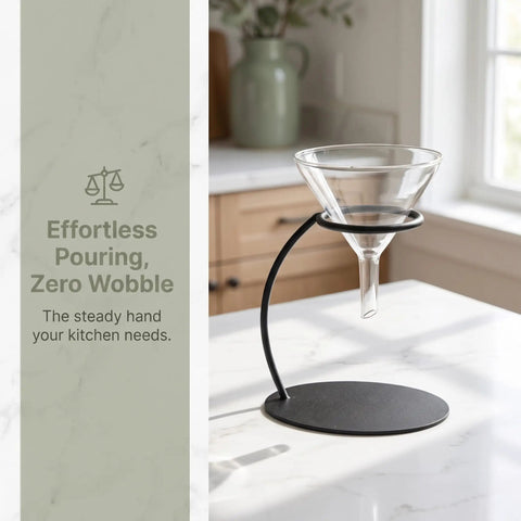 Heavy Duty Coffee Filter Holder Funnel Stand With Slick Black Iron Base For Hands Free Drip Pour Over Brewing, featuring a clear funnel and stable base.