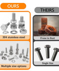 Comparison of Heavy Duty 248Pcs Metric Bolt Set in 304 Stainless Steel with rusty bolts and single size option.