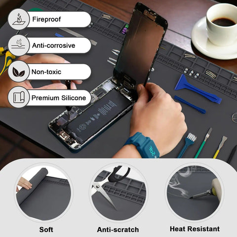 Extra Large Soldering Mat 27.6 x 15.7 Inches, 932F Heat Resistant Silicone Workbench Pad with phone repair setup