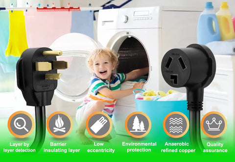 Plug And Play No Fuss Eighteen Inch Dryer Cord Adapter From Four Prong To Three Prong And From Three Prong To Four in laundry room