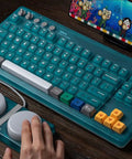 Retro 87 Key Wireless Mechanical Keyboard Hot Swap with clear blue finish, RGB lighting, and nearby control knobs.
