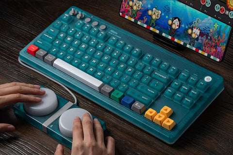 Retro 87 Key Wireless Mechanical Keyboard Hot Swap with clear blue finish, RGB lighting, and nearby control knobs.