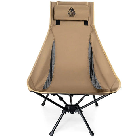 Front view of Tigerblade High Back Camping Chair with pillow design in 70A6 aluminum and 600D polyester for durability
