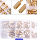 M2.5 Brass Hex Standoff Kit With 180 Pieces In A Handy Box, Copper Threaded Spacers For PCB Mounting, Male Female Hex Nuts, Pro Grade, DIY Electronics, Industrial Fastening. Open organizer box with brass standoffs and nuts