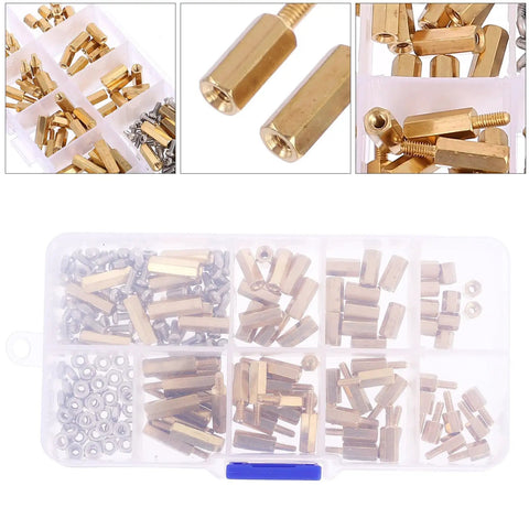 M2.5 Brass Hex Standoff Kit With 180 Pieces In A Handy Box, Copper Threaded Spacers For PCB Mounting, Male Female Hex Nuts, Pro Grade, DIY Electronics, Industrial Fastening. Open organizer box with brass standoffs and nuts