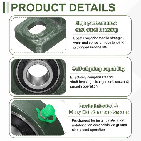 Image showing Self Aligning Pillow Block Bearing With One And One Eighth Inch Bore, Solid Cast Iron Base, Chrome Steel Flange Mounted, ABEC 3 Precision, Includes M3 Wrench And Grease Nipple Cap with high-performance cast steel housing, self-aligning capability, and pre-lubricated grease nipple.