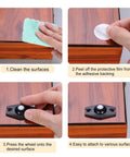 Installation steps for Self Adhesive Caster Wheels Set 24 Pieces With 360 Degree Swivel Mini Caster Rollers on wooden surface.