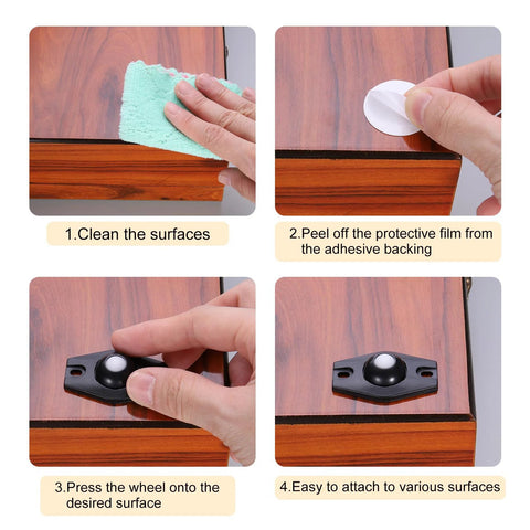 Installation steps for Self Adhesive Caster Wheels Set 24 Pieces With 360 Degree Swivel Mini Caster Rollers on wooden surface.