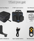 Self Leveling Laser Level With Three 360 Degree Lasers Horizontal And Two Vertical Cross Lines For Full Room Layout Green Cross Line Laser Tool With 100 Feet Range Easy On Off H And V Controls And Pro Grade Durable Construction, kit with case, bracket, cable, remote, manual