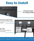 Diagram showing installation features of 200W Low Voltage Landscape Transformer with 2 mounting holes and terminals.