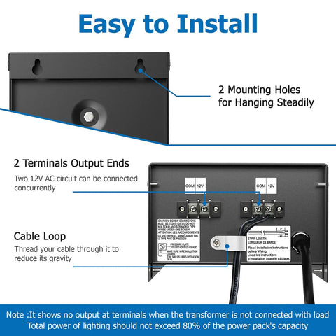 Diagram showing installation features of 200W Low Voltage Landscape Transformer with 2 mounting holes and terminals.