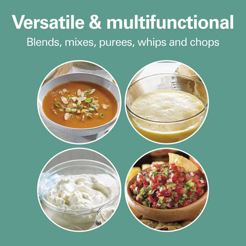 Kickass 4 In 1 Electric Immersion Hand Blender With Whisk And 3 Cup Vegetable Chopper Bowl demonstrating soup, smoothies, dips, and salsa.