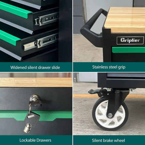Close-up of Beast Rolling Tool Cart Cabinet with 7 lockable drawers, wood workbench, and heavy duty steel construction parts.