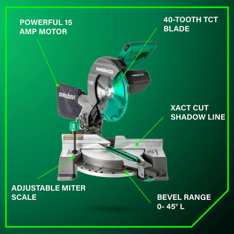 10 Inch Single Bevel Compound Miter Saw With 15 Amp Motor For Fast Clean Pro Grade Cuts 0 To 45 Degree Bevel 5000 RPM Xact Cut Shadow Line