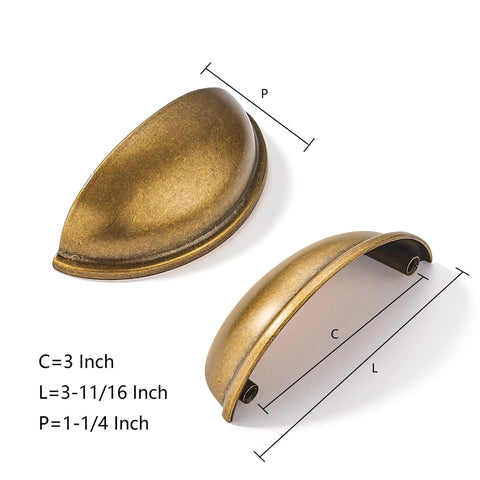 Six Pack Antique Brass Drawer Pulls 3 Inch Hole Center Cabinet Cup Pulls Vintage Kitchen Hardware Handles Knobs Heavy Duty Zinc Alloy For Durable Cabinets 3 Inch Projection And 1.25 Inch Depth