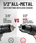 Comparison of 3/8 inch plastic chuck vs 1/2 inch all-metal keyless chuck on Beast Mode 20V Brushless Hammer Drill Kit, highlighting durability.