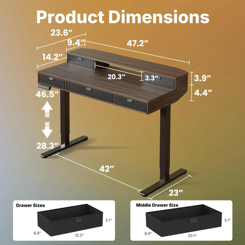 Product dimensions of Heavy Duty Electric Standing Desk 48 By 24 Inch With Four Built In Drawers For Smart Storage.