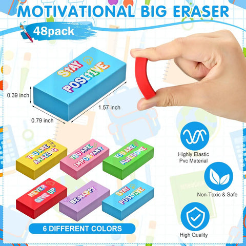 Back To School Gift Set 96 Pcs Pencil Eraser Pack with colorful motivational design, shown in six different colors.