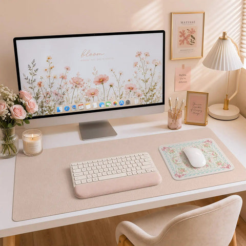 Coquette Floral Mouse Pad Blue Aesthetic Vibe Desk Mat Non Slip Small Mouse Pad 9.45 X 7.87 Inches on a stylish desk setup