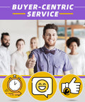 Group of smiling people in casual attire with icons symbolizing positive service and customer satisfaction.