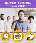 Smiling man in purple shirt giving thumbs up, representing buyer-centric service with icons of clock, smile, and thumbs-up.