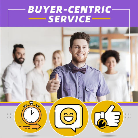 Smiling man in purple shirt giving thumbs up, representing buyer-centric service with icons of clock, smile, and thumbs-up.