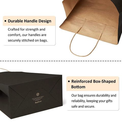 Details of Bulk 25 Pack Black Kraft Gift Bags With Handles 5.25x3x8 Inches Eco Friendly Recycled Paper, handle design and reinforced bottom