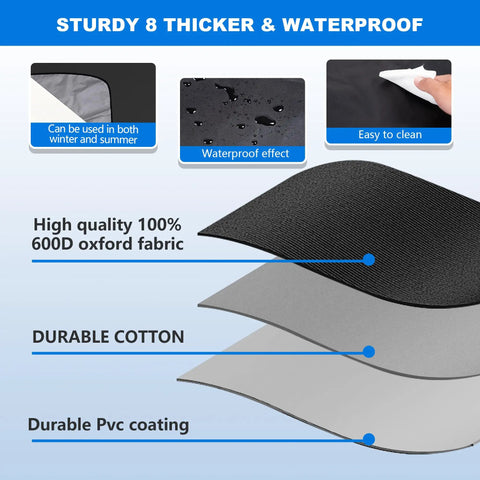 Layers of Extra Large 75 By 45 Inch Windshield Snow Cover Heavy Duty Windproof Shield showing 600D Oxford fabric and PVC coating