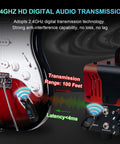 2.4GHz Wireless Guitar Transmitter And Receiver Set For Electric Guitar And Bass, No Latency, demonstrating 100-foot range
