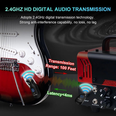 2.4GHz Wireless Guitar Transmitter And Receiver Set For Electric Guitar And Bass, No Latency, demonstrating 100-foot range