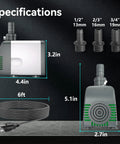Specifications of 540 GPH Submersible Water Pump With Auto Shut Off And Adjustable Flow, including dimensions and fittings