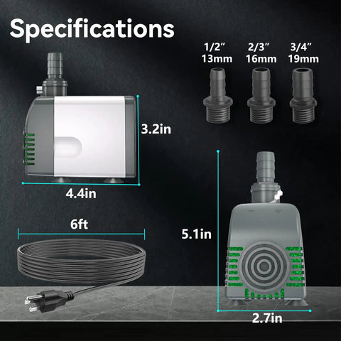 Specifications of 540 GPH Submersible Water Pump With Auto Shut Off And Adjustable Flow, including dimensions and fittings