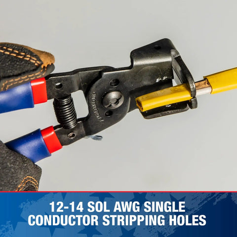 Dual Cutter And Romex Box Jaw Wire Stripper For 12/2 14/2 NMB Jackets And 12 And 14 AWG Solid Wire in use on yellow jacket