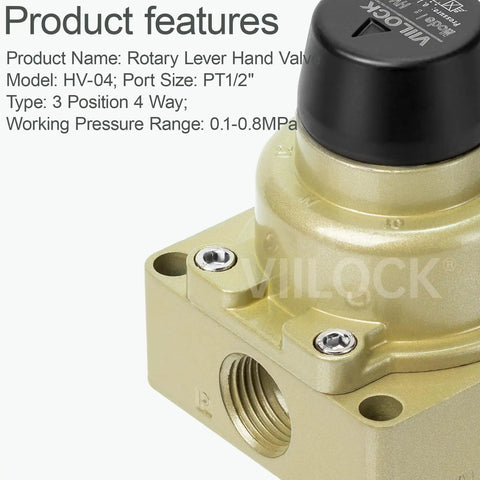 Close-up of Rotary Lever Hand Valve HV-04 For Pneumatic Systems with 3 Position 4 Way design, 1/2 inch NPT inlet outlet, and durable aluminum body