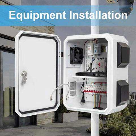 Rugged Outdoor Electrical Box With Thermostat And Fan For Real Weatherproof Protection, IP65 Rated, cold rolled steel body with aluminum back beam, one piece vent design, wall or pole mount keeps your gear safe and chill, installed on pole.