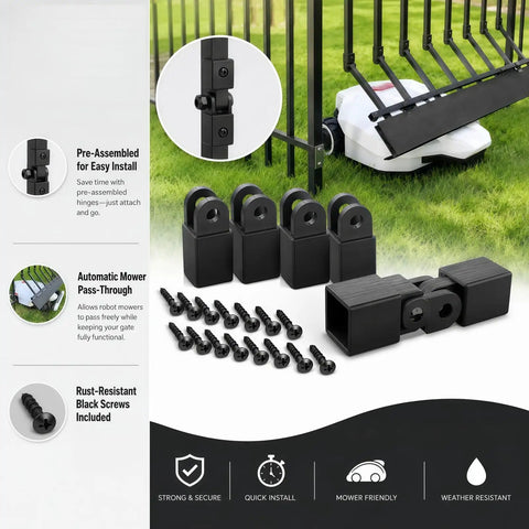 All Weather Fence Gate Hinge Set Nine Pack With Rust Resistant Black Stainless Steel Screws showcased with mower compatibility.