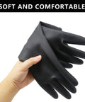 Kickass Waterproof Chemical Resistant Latex Gloves Two Pair Heavy Duty Pull On Cleaning And Industrial Work Protector For Tough Jobs Straight Up Solid Grip, black gloves in hand.