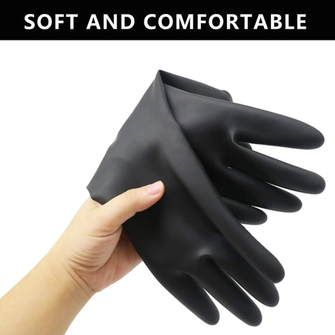 Kickass Waterproof Chemical Resistant Latex Gloves Two Pair Heavy Duty Pull On Cleaning And Industrial Work Protector For Tough Jobs Straight Up Solid Grip, black gloves in hand.