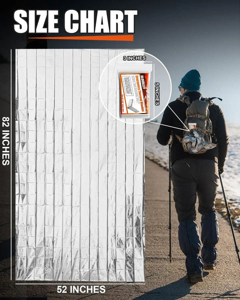 5 Pack Emergency Thermal Blankets Heavy Duty Mylar Space Blanket size chart showing 82x52 inches next to hiker