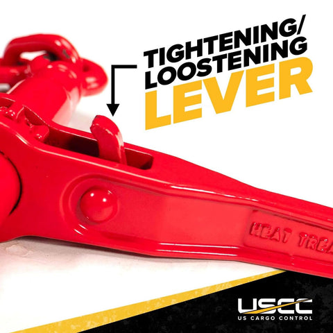 Close-up of lever on Five Pack Heavy Duty Ratchet Chain Binders For Three Eighth And One Half Inch Chains With 9200 Lbs Working Load Limit Use