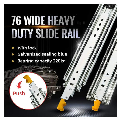 Heavy Duty Stainless Steel Cabinet Drawer Slide Rails Side Mount Ball Bearing Full Extension showing 76 wide galvanized slide rail with lock.